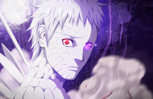 Anime picture 7011x4554 with naruto studio pierrot naruto (series) uchiha obito tobi kortrex single highres short hair red eyes absurdres cloud (clouds) white hair pink eyes night night sky heterochromia coloring portrait akatsuki