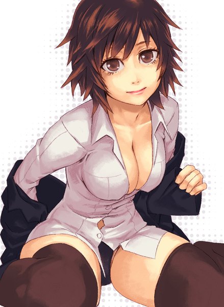 Anime picture 732x1000 with original yuuji (and) single tall image looking at viewer short hair light erotic simple background brown hair white background brown eyes cleavage light smile spread legs undressing polka dot partially open clothes polka dot background girl thighhighs