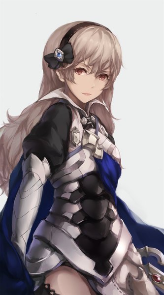 Anime picture 900x1620 with fire emblem corrin (fire emblem) corrin (female) (fire emblem) labombardier! single long hair tall image looking at viewer fringe simple background brown hair standing brown eyes light smile lips grey background girl weapon sword hairband