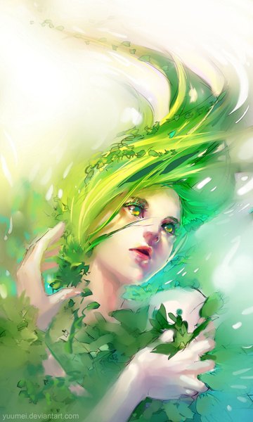 Anime picture 900x1500 with original yuumei single long hair tall image bare shoulders green eyes green hair lips realistic looking up mutation girl plant (plants)