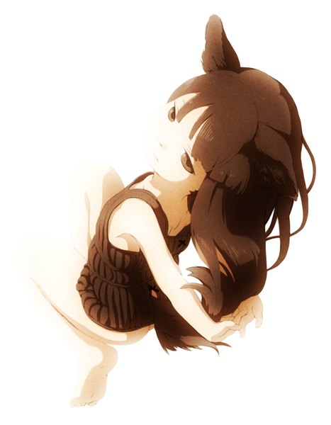 Anime picture 2551x3278 with psycho (artist) single long hair tall image highres simple background brown hair white background sitting bare shoulders brown eyes animal ears tail looking back barefoot from behind cat ears cat girl soles hands behind back