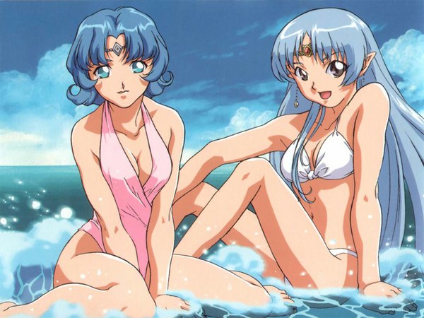 Anime picture 1024x768 with seikai no senki lafiel ekuryua breasts open mouth light erotic smile pointy ears swimsuit bikini one-piece swimsuit white bikini string bikini
