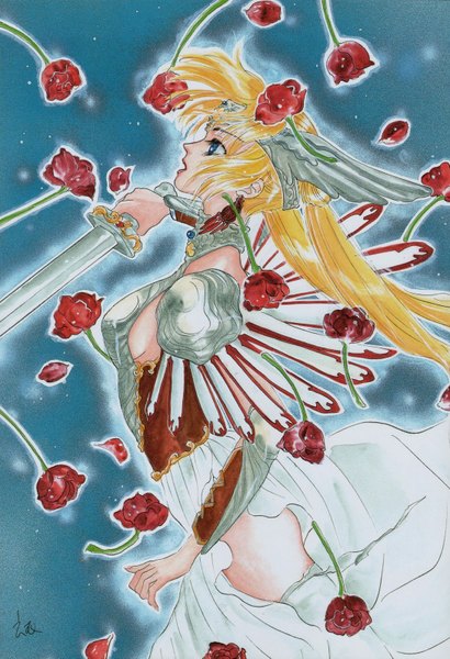 Anime picture 1090x1595 with bishoujo senshi sailor moon toei animation tsukino usagi sailor moon single long hair tall image open mouth blue eyes simple background blonde hair twintails profile girl thighhighs hair ornament flower (flowers) earrings white thighhighs sword