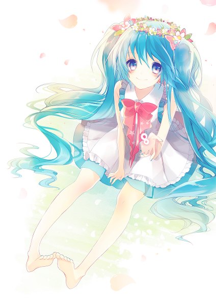 Anime picture 848x1200 with vocaloid hatsune miku t miyanagi single tall image looking at viewer blush smile sitting twintails very long hair barefoot hair flower aqua eyes from above aqua hair sleeveless cute girl dress