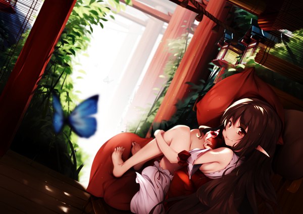 Anime picture 2000x1414 with original toriumi harumi single long hair blush highres light erotic red eyes brown hair looking away barefoot pointy ears bare legs girl plant (plants) insect butterfly fruit apple