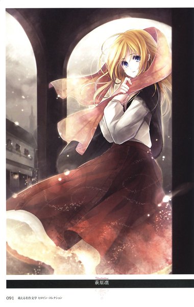 Anime picture 634x1000 with original hagiwara rin single long hair tall image looking at viewer blue eyes blonde hair standing holding from below glow girl skirt scarf