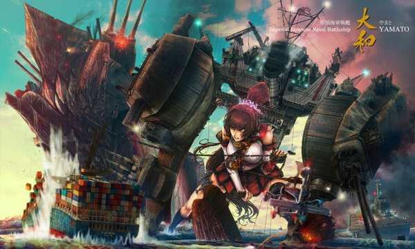 Anime picture 2000x1200 with kantai collection yamato super battleship re-class battleship yuukou highres breasts brown hair wide image large breasts brown eyes sky cloud (clouds) ponytail pleated skirt hair flower character names glowing smoke angry clenched teeth