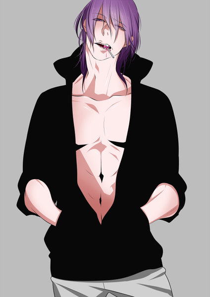 Anime picture 636x900 with kuroko no basket production i.g murasakibara atsushi karukachika single tall image looking at viewer short hair simple background purple eyes purple hair grey background open clothes hands in pockets boy food sweets candy lollipop