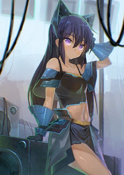 Anime picture 724x1024 with original ibuki notsu single long hair tall image looking at viewer purple eyes animal ears purple hair cat ears cat girl fake animal ears hand on head girl skirt gloves navel miniskirt armor speakers