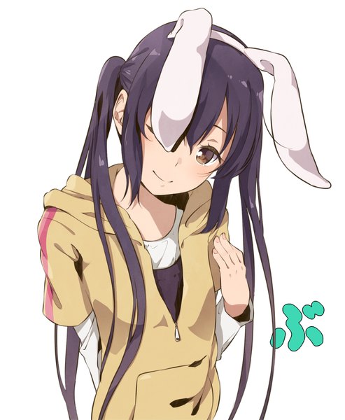 Anime picture 1653x2013 with k-on! kyoto animation nakano azusa haine single long hair tall image looking at viewer black hair simple background smile white background twintails brown eyes animal ears one eye closed from above bunny ears fake animal ears arm behind back