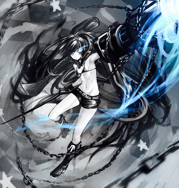 Anime picture 3984x4176 with black rock shooter black rock shooter (character) deluxe<<< single tall image highres blue eyes light erotic black hair bare shoulders looking away absurdres bent knee (knees) very long hair open clothes bare belly armpit (armpits) glowing scar glowing eye (eyes)
