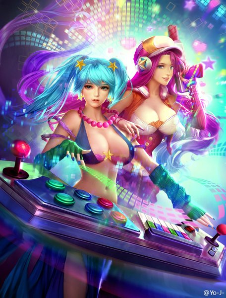 Anime picture 1000x1316 with league of legends sona buvelle miss fortune (league of legends) arcade sona (league of legends) arcade miss fortune (league of legends) da congjun long hair tall image looking at viewer breasts blue eyes light erotic smile large breasts twintails multiple girls blue hair pink hair cleavage nail polish