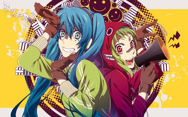 Anime picture 1929x1200 with vocaloid matryoshka (vocaloid) hatsune miku gumi senano-yu highres blue eyes red eyes wide image blue hair green hair piercing back to back girl gloves headphones hood megaphone