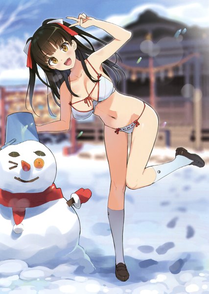 Anime picture 2219x3120 with comic toranoana ootomo takuji single long hair tall image blush fringe highres open mouth light erotic black hair brown eyes blunt bangs one eye closed wink blurry scan official art leaning depth of field