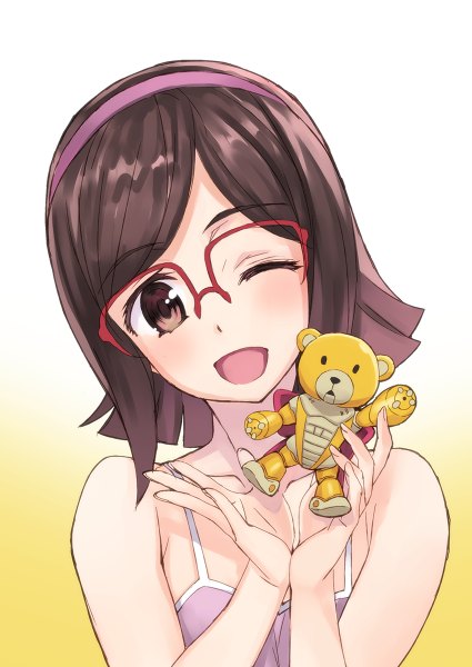 Anime picture 850x1200 with mobile suit gundam gundam build fighters sunrise (studio) kousaka china matsuryuu single tall image looking at viewer short hair open mouth simple background brown hair holding one eye closed wink gradient background girl glasses