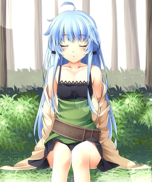 Anime picture 2000x2400 with original komimiyako long hair tall image blush highres bare shoulders blue hair ahoge eyes closed girl dress plant (plants) tree (trees)