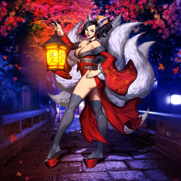 Anime picture 1000x1000 with original genzoman single long hair breasts light erotic black hair red eyes large breasts standing bare shoulders holding animal ears looking away cleavage full body outdoors ass tail traditional clothes