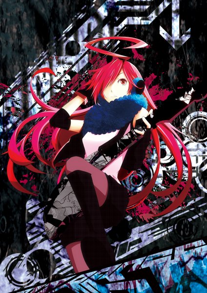 Anime picture 1060x1500 with vocaloid miki (vocaloid) mujun (zipper) single long hair tall image fringe red eyes ahoge red hair hair over one eye girl boots headphones
