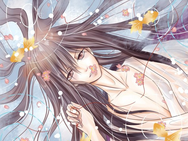 Anime picture 1600x1200 with tagme (artist) single long hair looking at viewer fringe brown hair brown eyes lying traditional clothes japanese clothes wet clothes boy flower (flowers) animal water kimono transparent clothing fish (fishes) thread red thread