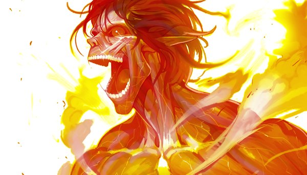 Anime picture 2889x1654 with shingeki no kyojin production i.g eren yaeger rogue titan ladic single highres short hair open mouth red eyes wide image white background bare shoulders pointy ears portrait steam screaming boy fire