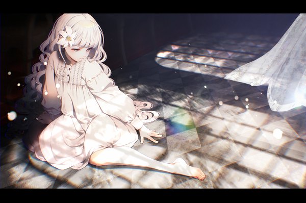 Anime picture 1200x797 with original shirotaka (5choume) single long hair fringe looking away white hair barefoot hair flower bare legs shadow grey eyes wavy hair checkered floor floor girl dress flower (flowers) white dress curtains