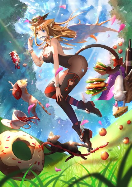 Anime picture 849x1200 with original catcan single long hair tall image blonde hair animal ears tail animal tail cat ears cat girl cat tail heterochromia girl animal food boots cat