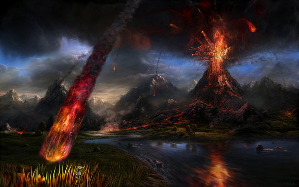 Anime picture 1680x1050 with original fel-x (artist) wide image sky cloud (clouds) wallpaper mountain no people landscape scenic river lava volcano plant (plants) tree (trees) molten rock
