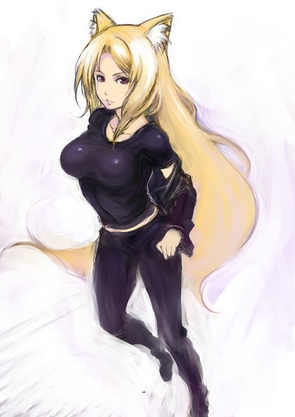 Anime picture 1024x1446 with ayakashibito hounan johan (johan13) single tall image looking at viewer fringe breasts blonde hair red eyes large breasts white background animal ears bent knee (knees) very long hair parted lips wind open clothes open jacket fox ears