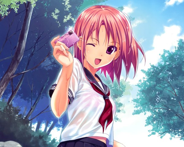Anime picture 2000x1600 with koutaro highres short hair purple eyes red hair one eye closed wink girl plant (plants) tree (trees) serafuku camera