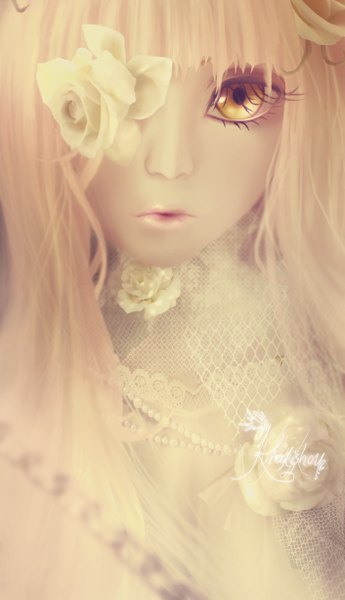 Anime picture 1410x2451 with rozen maiden kirakishou yukli+ single long hair tall image blonde hair signed yellow eyes realistic girl dress flower (flowers) rose (roses) eyepatch