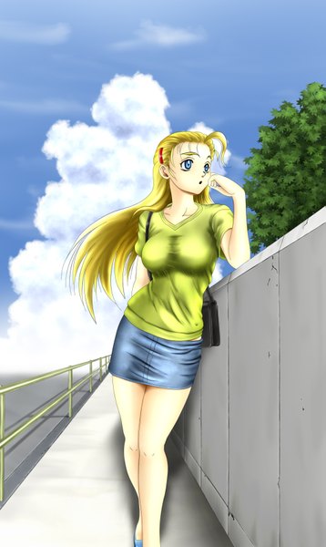 Anime picture 1015x1700 with history's strongest disciple kenichi fuurinji miu heli-0i single long hair tall image open mouth blue eyes blonde hair sky cloud (clouds) ahoge arm support coloring girl hair ornament plant (plants) miniskirt tree (trees) hairclip