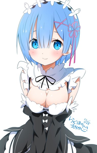 Anime picture 651x1024 with re:zero kara hajimeru isekai seikatsu white fox rem (re:zero) ragho no erika single tall image looking at viewer blush fringe short hair breasts blue eyes simple background smile hair between eyes large breasts white background sitting signed blue hair