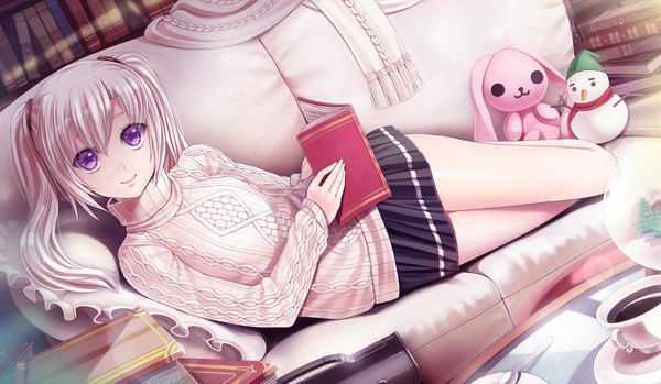 Anime picture 2000x1165 with g senjou no maou shiratori mizuha sunimu single long hair looking at viewer highres wide image purple eyes twintails white hair girl skirt book (books) sweater toy stuffed animal couch snow globe