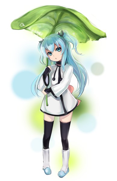 Anime picture 1496x2310 with sora no method noel (sora no method) mappung-gun (mhg0106) single long hair tall image looking at viewer open mouth blue eyes blue hair full body two side up girl thighhighs dress black thighhighs leaf (leaves) leaf umbrella
