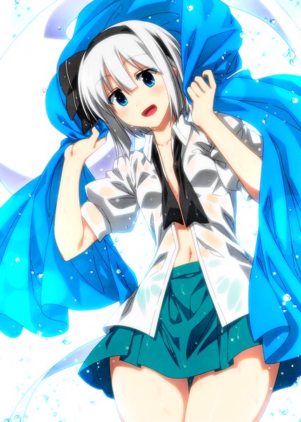 Anime picture 1200x1679 with touhou konpaku youmu myon sazanami mio single tall image looking at viewer blush short hair open mouth blue eyes light erotic silver hair wet clothes ghost girl skirt navel miniskirt shirt