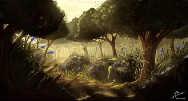 Anime picture 1250x673 with original blinck (artist) wide image landscape flower (flowers) plant (plants) tree (trees) forest stone (stones) path