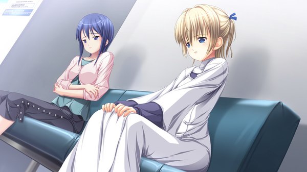 Anime picture 1280x720 with hatsukoi sacrament hikari (hatsukoi sacrament) short hair blue eyes blonde hair wide image multiple girls blue hair game cg girl 2 girls