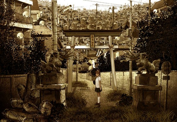 Anime picture 1100x762 with original kato fumitaka single long hair looking at viewer brown hair standing brown eyes sky ponytail hieroglyph cityscape girl skirt uniform plant (plants) school uniform miniskirt shirt tree (trees)