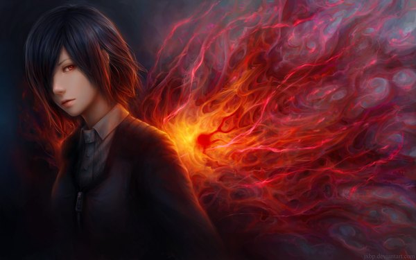 Anime picture 1734x1086 with tokyo ghoul studio pierrot kirishima touka jxbp single looking at viewer fringe highres short hair black hair red eyes lips hair over one eye realistic girl kagune