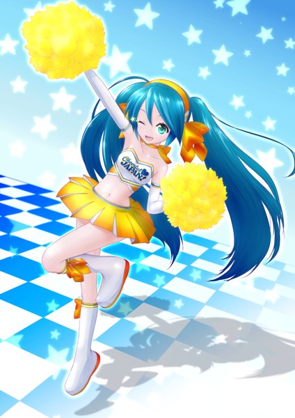 Anime picture 2480x3508 with vocaloid hatsune miku akahige single long hair tall image highres twintails green eyes blue hair one eye closed wink checkered floor cheerleader girl navel hairband star (symbol)