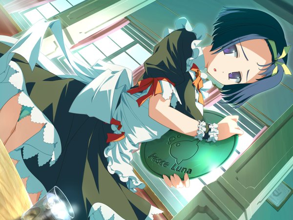 Anime picture 1600x1200 with wiz anniversary sofiace raphonitte shida kazuhiro short hair black hair purple eyes game cg maid girl underwear panties frills hairband tray green panties