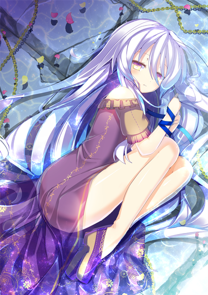 Anime picture 707x1000 with original nyori single long hair tall image looking at viewer blush bare shoulders yellow eyes purple hair bent knee (knees) lying from above bare legs wet clothes girl dress ribbon (ribbons) petals water