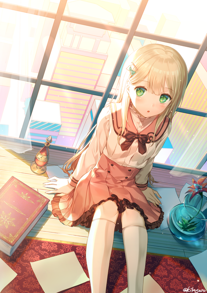 Anime picture 1100x1555 with original kikugetsu single long hair tall image looking at viewer blush fringe open mouth blonde hair hair between eyes sitting green eyes signed payot indoors from above :o dutch angle twitter username