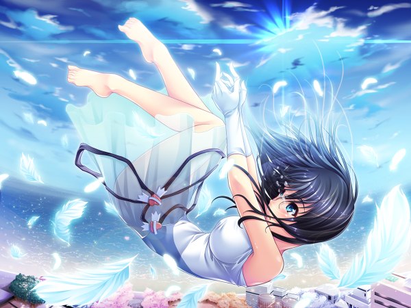 Anime picture 1200x900 with mine (1-1-1) long hair blue eyes black hair sky cloud (clouds) tears crying falling girl gloves feather (feathers) sundress