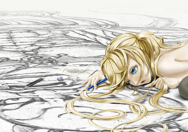 Anime picture 1414x1000 with original pi (pppppchang) single long hair fringe open mouth blue eyes blonde hair lips topless girl picture pencil