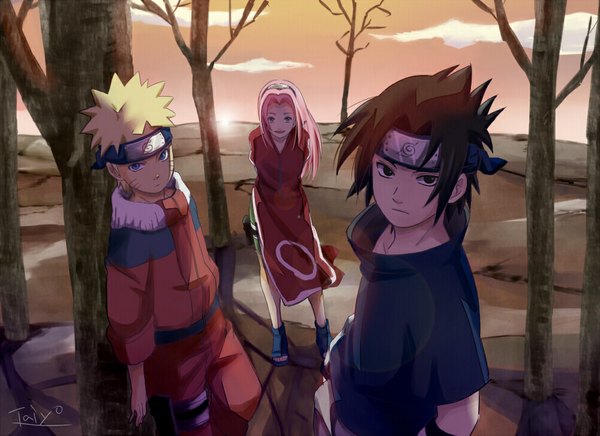 Anime picture 1000x727 with naruto studio pierrot naruto (series) uzumaki naruto uchiha sasuke haruno sakura n y looking at viewer fringe short hair blue eyes black hair blonde hair smile standing signed pink hair sky cloud (clouds) wind