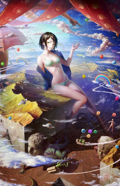 Anime picture 2768x4304 with original arata yokoyama single tall image looking at viewer highres short hair breasts light erotic black hair smile sitting green eyes sky cloud (clouds) full body bent knee (knees) barefoot open clothes mole