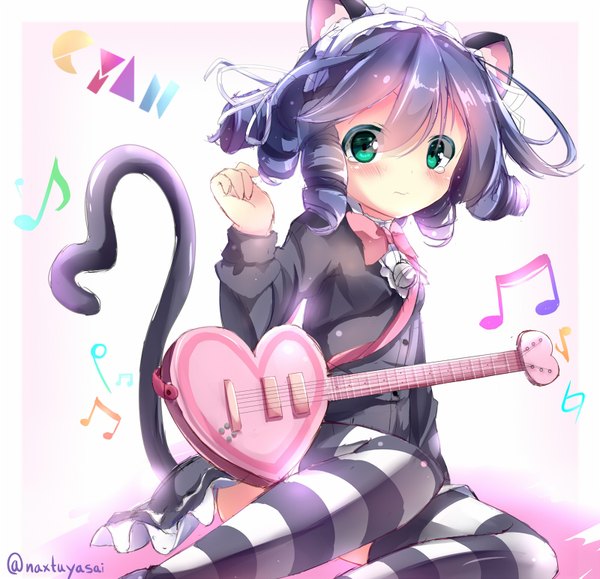 Anime picture 800x773 with show by rock!! studio bones cyan (show by rock!!) strawberry heart na!? (naxtuyasai) single blush fringe short hair light erotic simple background hair between eyes sitting green eyes signed animal ears blue hair looking away tail long sleeves