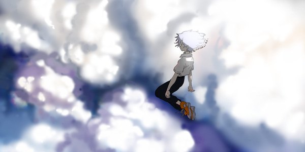 Anime picture 1500x750 with neon genesis evangelion gainax nagisa kaworu uinti single short hair red eyes wide image sky cloud (clouds) white hair flying boy sneakers