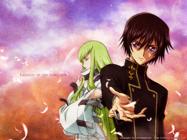 Anime picture 1280x960 with code geass sunrise (studio) c.c. lelouch lamperouge long hair looking at viewer fringe short hair standing purple eyes yellow eyes looking away green hair inscription girl boy uniform school uniform feather (feathers)
